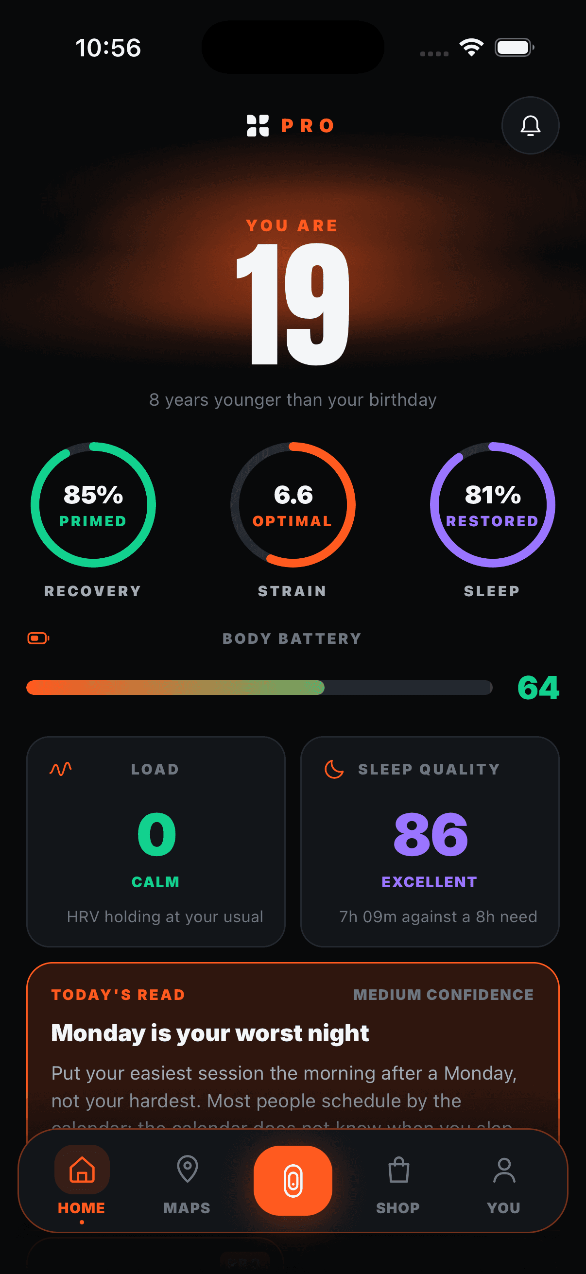The Terrifit app in dark mode showing recovery, strain and sleep dials with heart-rate variability, resting heart rate and weight compared against personal baselines
