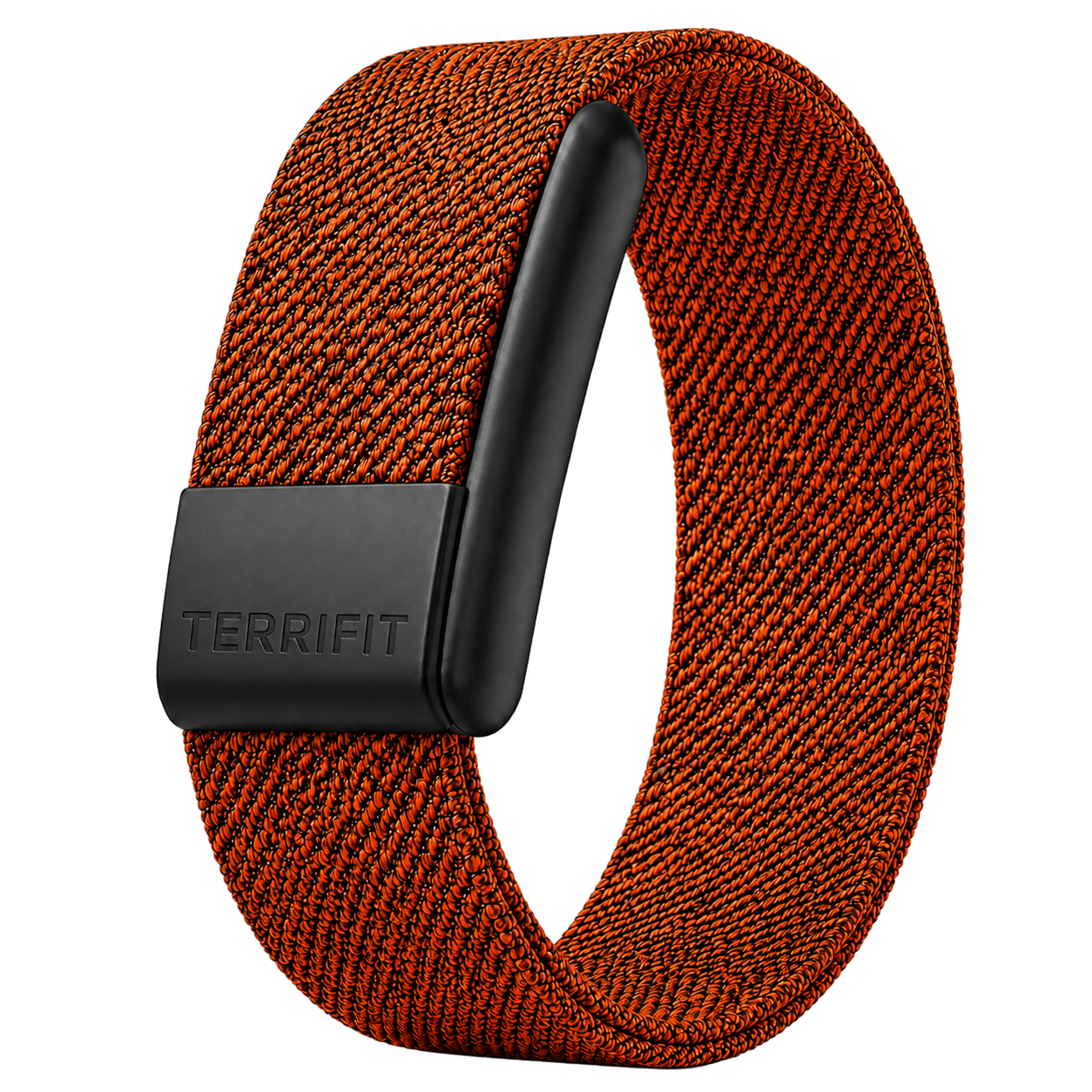 Terrifit V1 band floating against a deep charcoal backdrop, three-quarter angle, the woven strap curving toward camera with a faint orange rim light along the sensor module