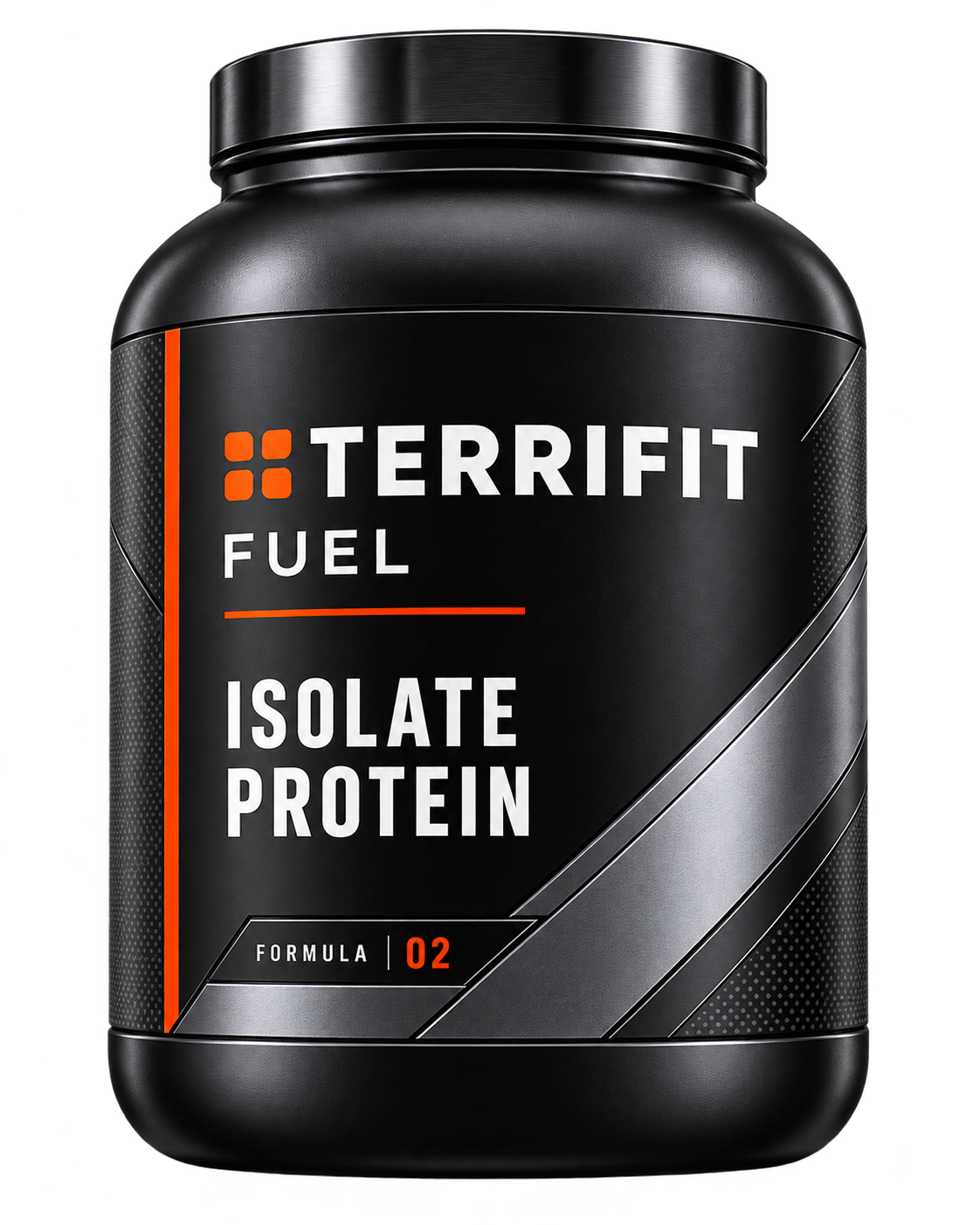Matte black protein tub with an orange lid standing on warm off-white paper, hard side light