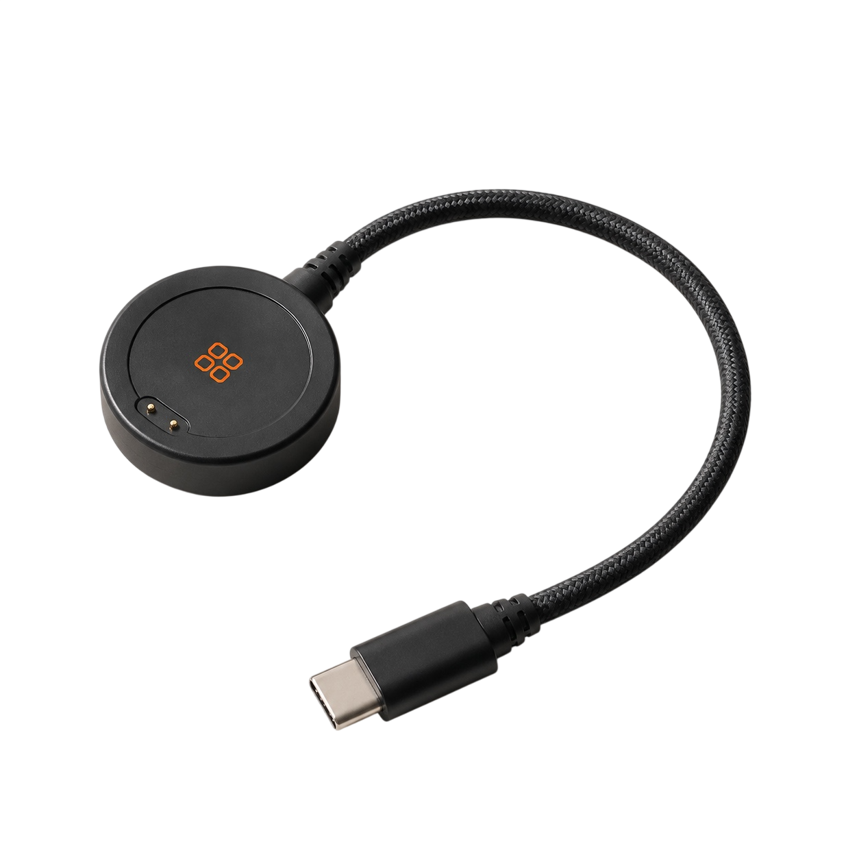 The Terrifit V1 magnetic charger, a small matte black puck on a braided USB-C cable, photographed on a plain ground