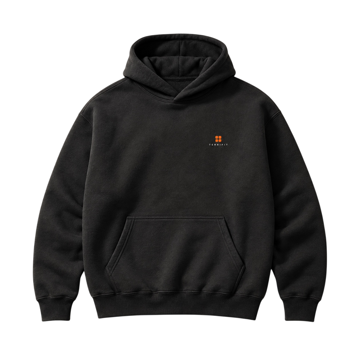 Charcoal heavyweight hoodie photographed flat on concrete with a small orange Terrifit mark at the chest