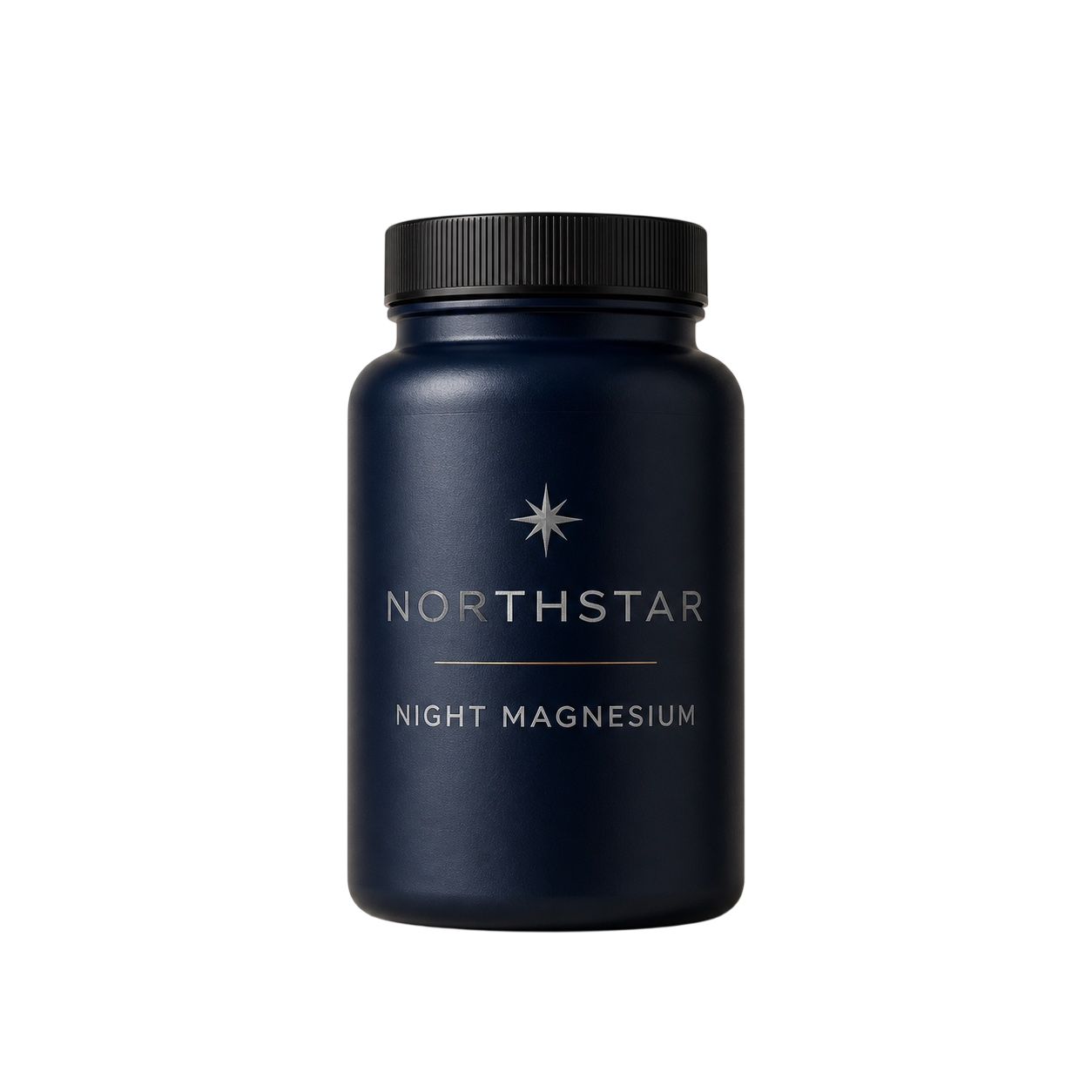 Deep navy supplement bottle with a minimal label, shot at night against a dark surface with one soft highlight