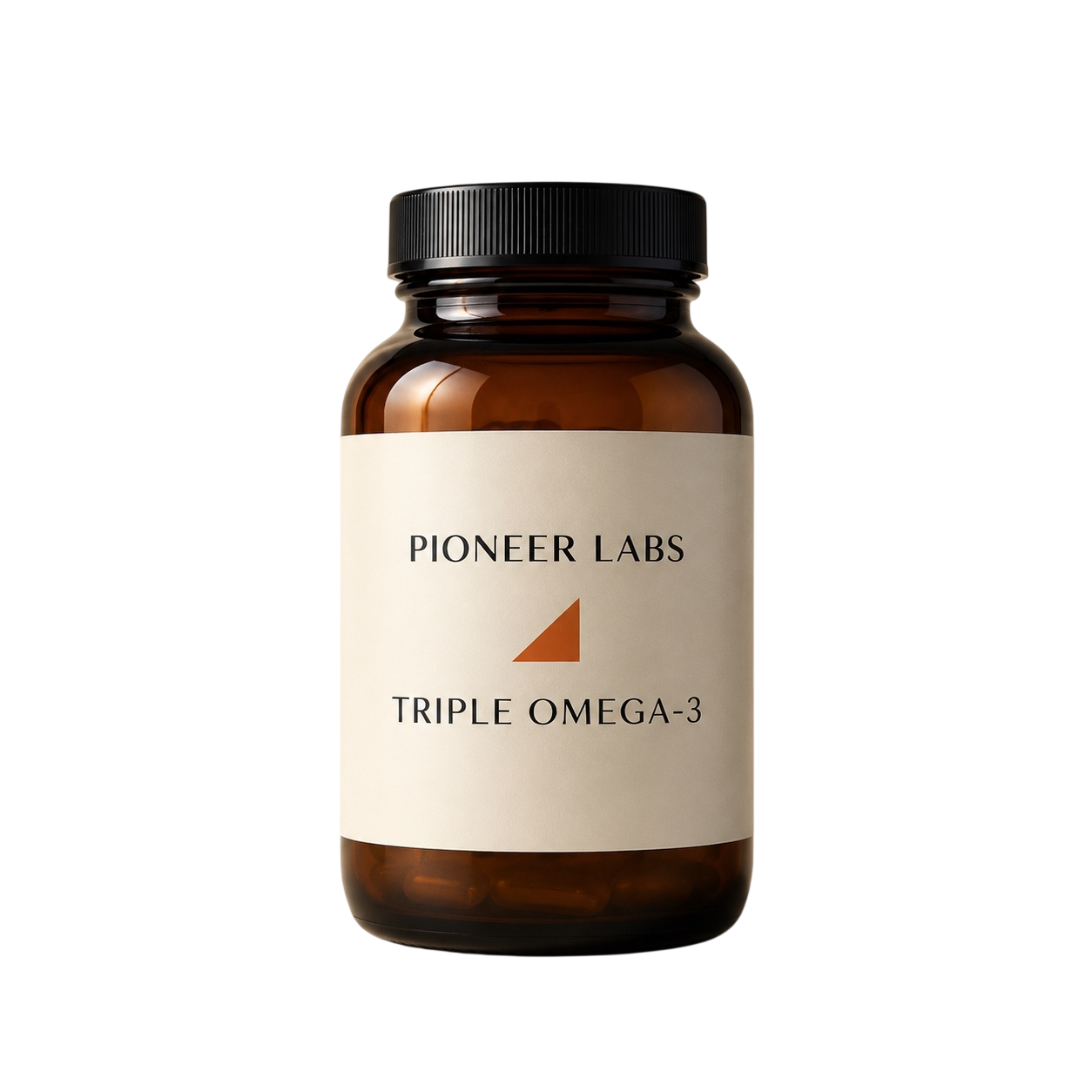 Amber glass supplement bottle with a cream label on a warm paper background, soft directional light