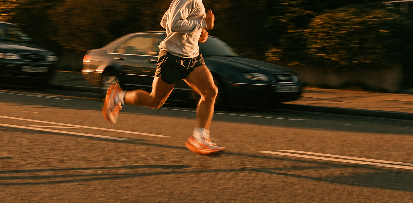 Runners on an open road at first light, moving together