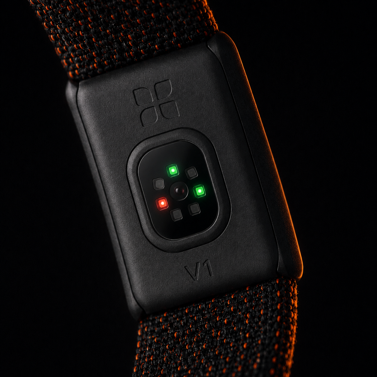 Extreme close-up of the underside of the Terrifit V1, showing five green LEDs and four sensor windows glowing against black glass
